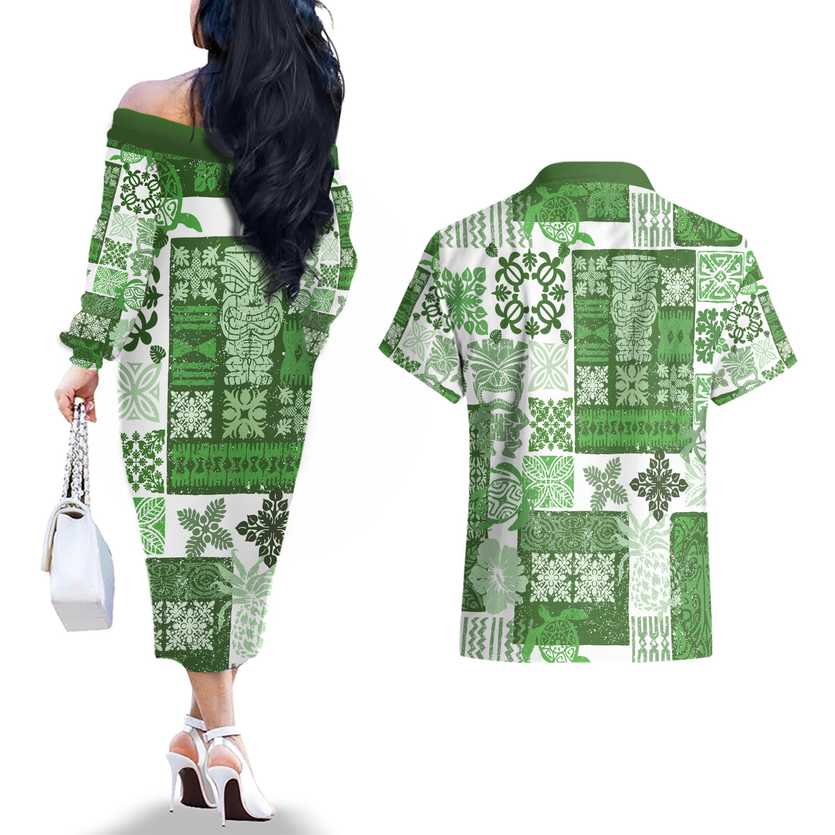 Hawaiian Quilt Couples Matching Off The Shoulder Long Sleeve Dress and Hawaiian Shirt Tiki Tropical Retro Green Version LT14 - Polynesian Pride