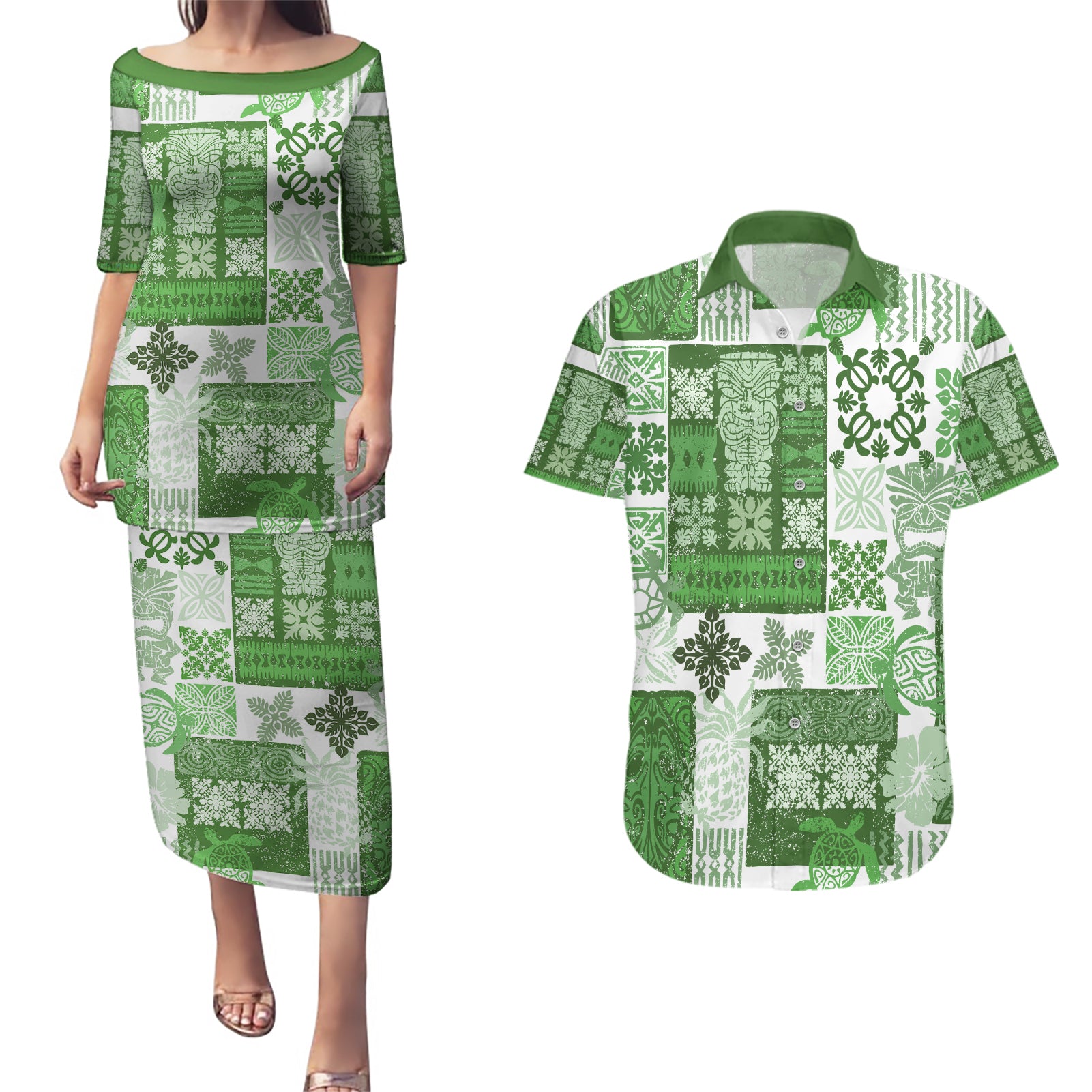 Hawaiian Quilt Couples Matching Puletasi Dress and Hawaiian Shirt Tiki Tropical Retro Green Version LT14 Green - Polynesian Pride