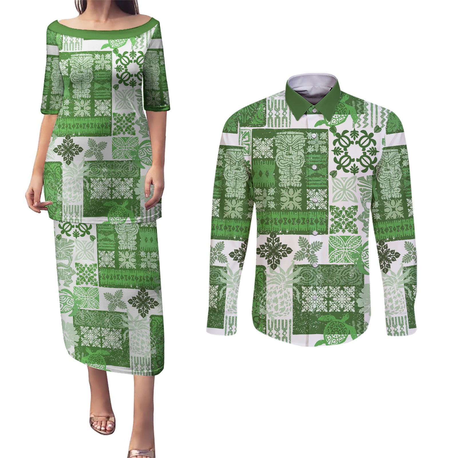 Hawaiian Quilt Couples Matching Puletasi Dress and Long Sleeve Button Shirt Tiki Tropical Retro Green Version LT14 Green - Polynesian Pride