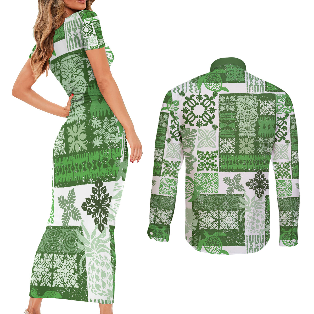 Hawaiian Quilt Couples Matching Short Sleeve Bodycon Dress and Long Sleeve Button Shirt Tiki Tropical Retro Green Version LT14 - Polynesian Pride