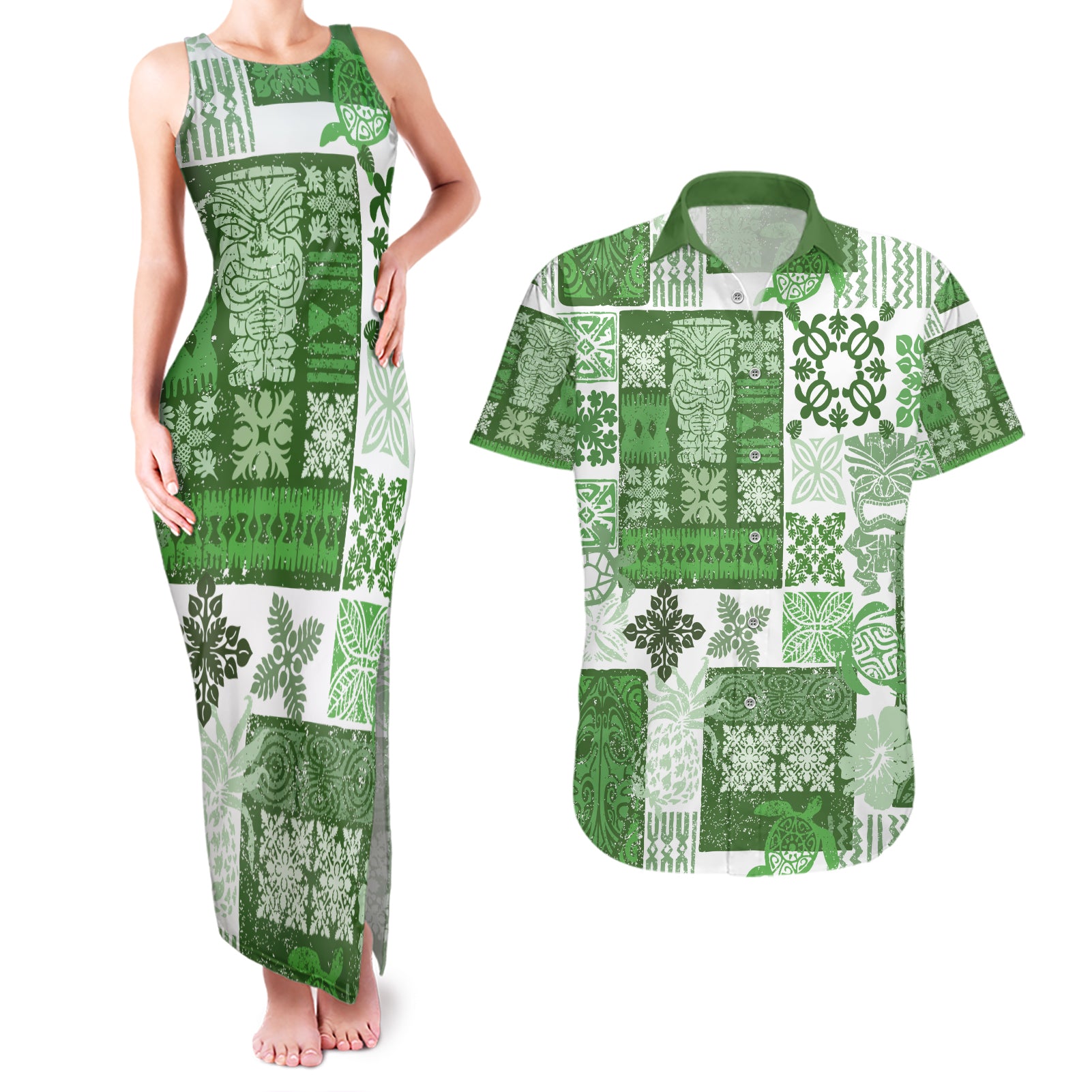 Hawaiian Quilt Couples Matching Tank Maxi Dress and Hawaiian Shirt Tiki Tropical Retro Green Version LT14 Green - Polynesian Pride