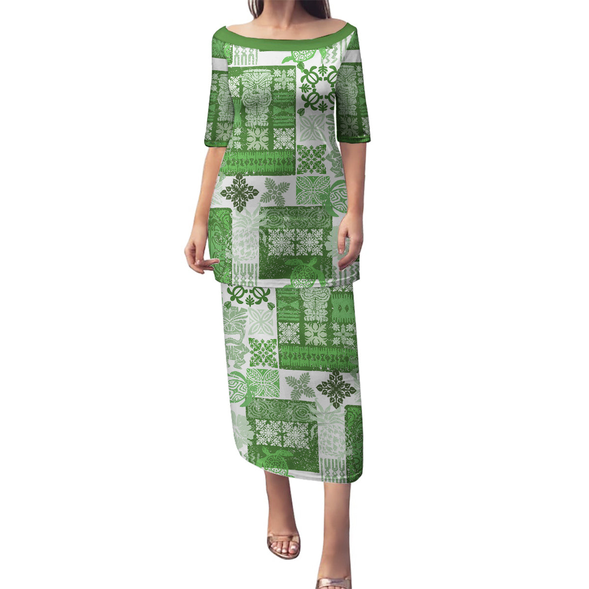 Hawaiian Quilt Family Matching Puletasi Dress and Hawaiian Shirt Tiki Tropical Retro Green Version LT14 Mom's Dress Green - Polynesian Pride