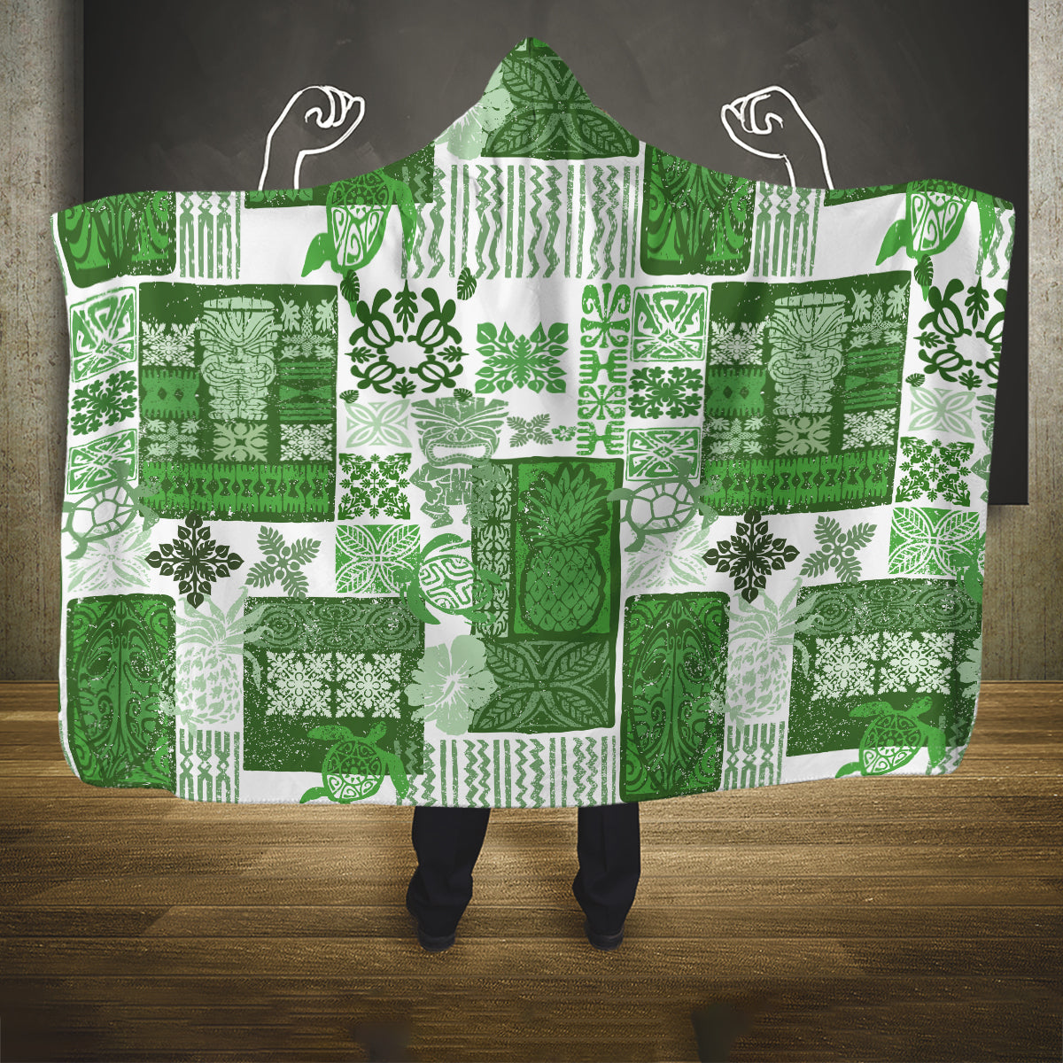 Hawaiian Quilt Hooded Blanket Tiki Tropical Retro Green Version LT14 One Size Green - Polynesian Pride