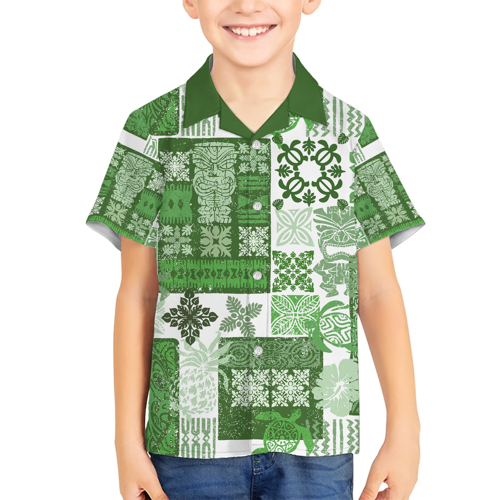 Hawaiian Quilt Kid Hawaiian Shirt Tiki Tropical Retro Green Version LT14 Kid Green - Polynesian Pride