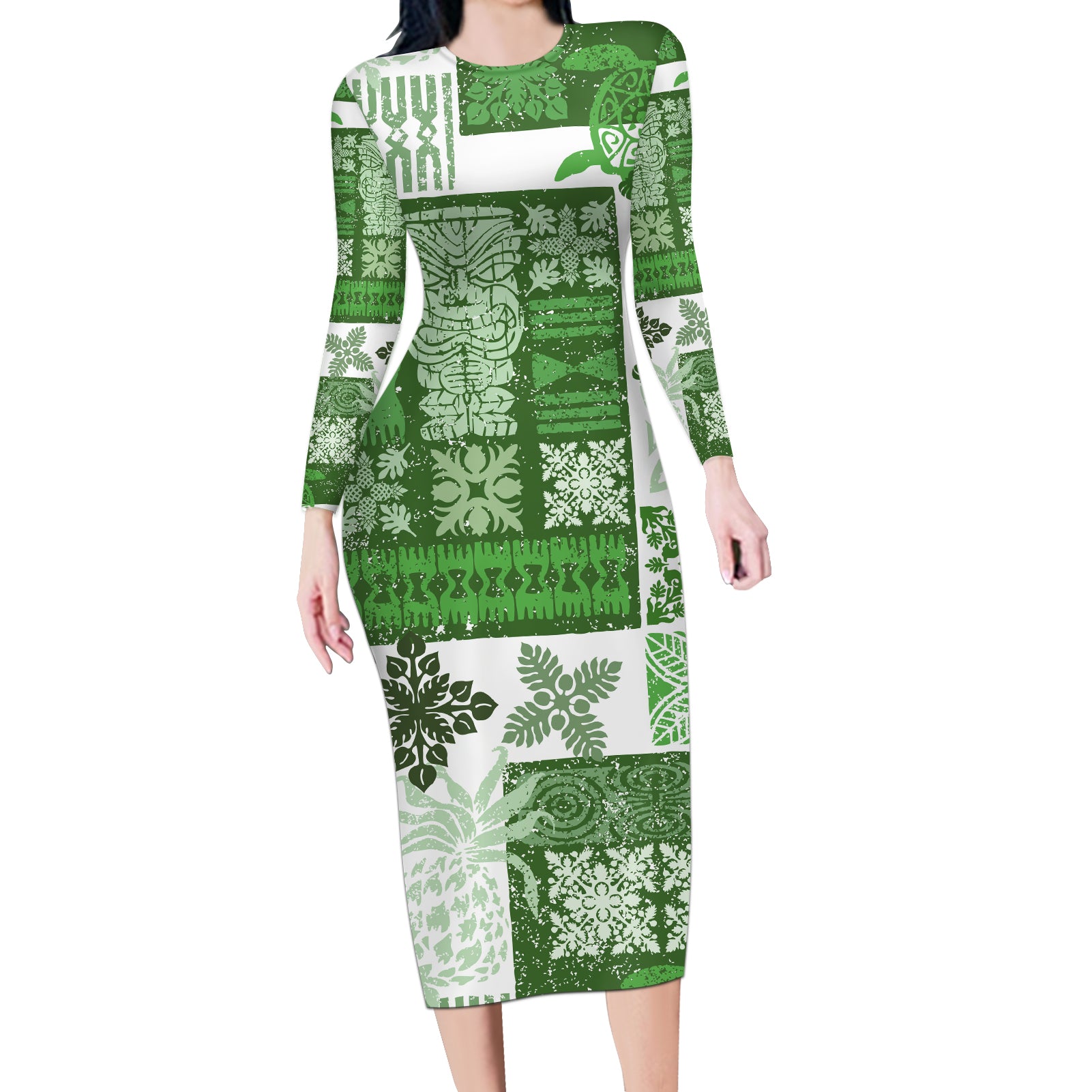 Hawaiian Quilt Long Sleeve Bodycon Dress Tiki Tropical Retro Green Version LT14 Long Dress Green - Polynesian Pride