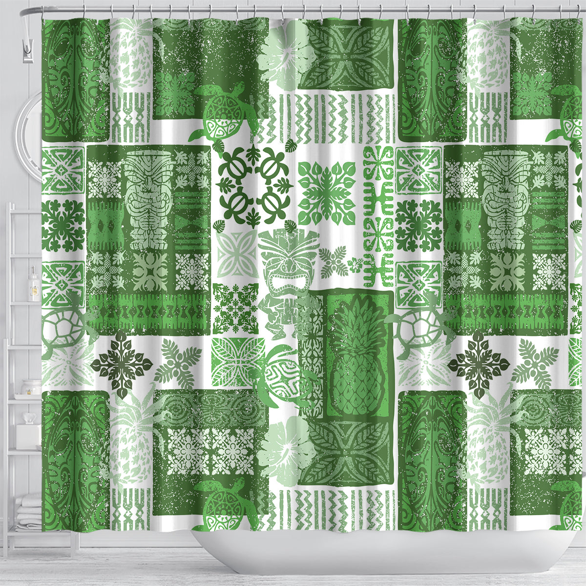 Hawaiian Quilt Shower Curtain Tiki Tropical Retro Green Version LT14 - Polynesian Pride