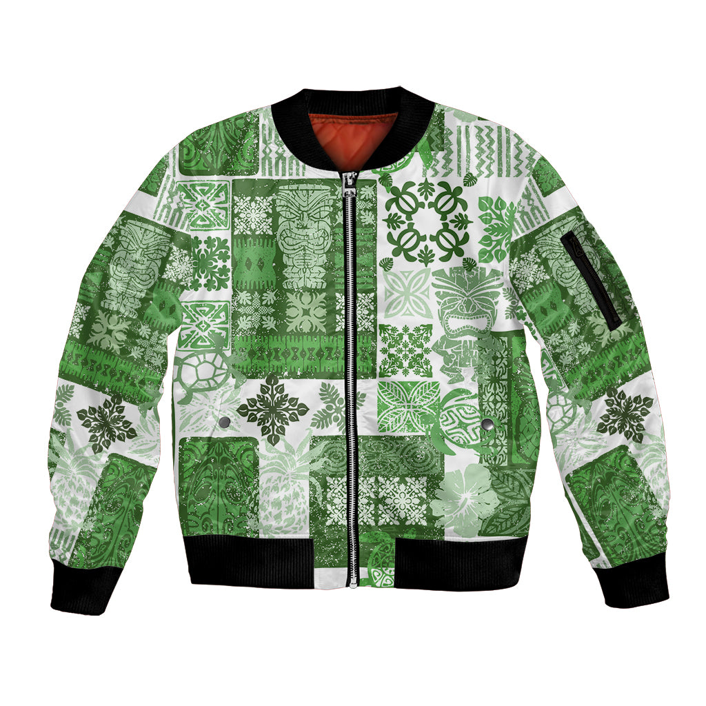 Hawaiian Quilt Sleeve Zip Bomber Jacket Tiki Tropical Retro Green Version LT14 Unisex Green - Polynesian Pride