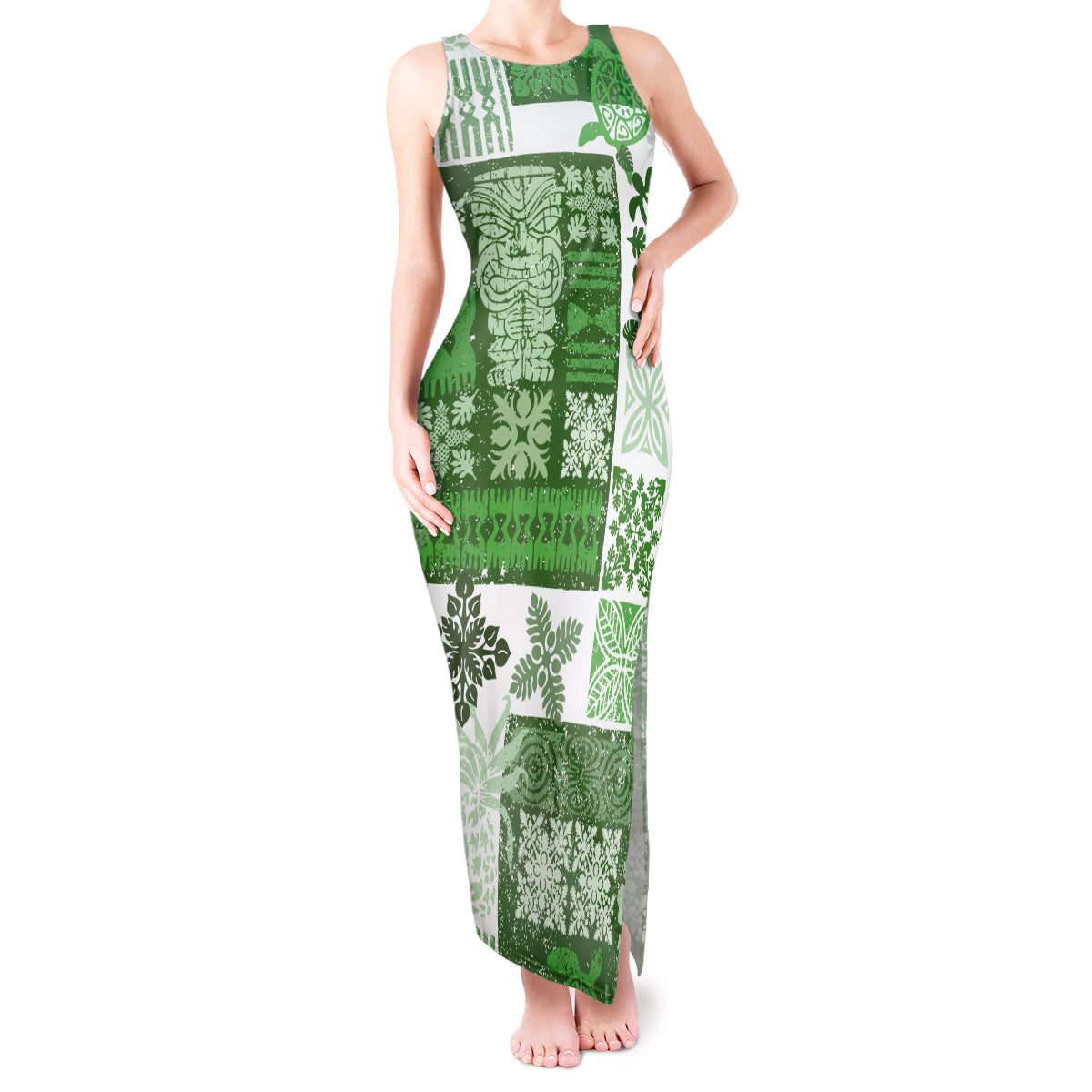 Hawaiian Quilt Tank Maxi Dress Tiki Tropical Retro Green Version LT14 Women Green - Polynesian Pride