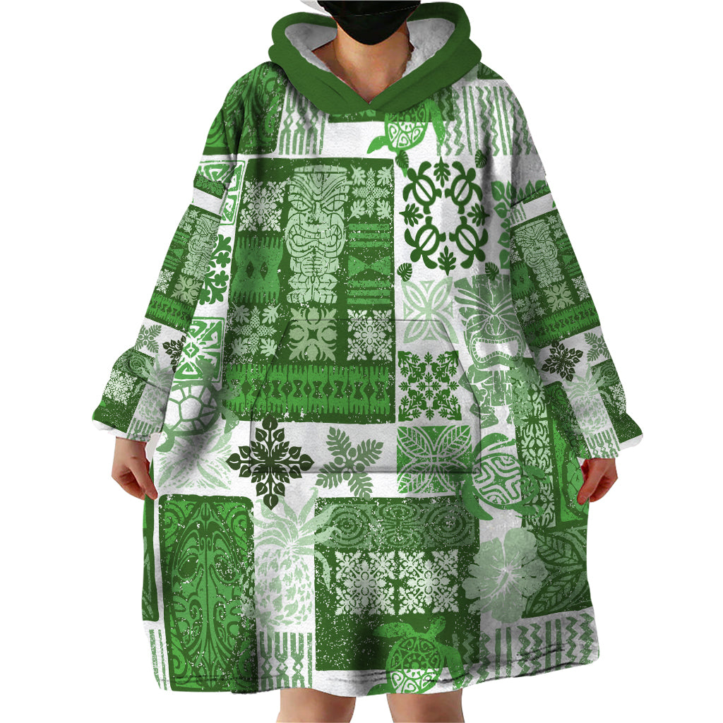 Hawaiian Quilt Wearable Blanket Hoodie Tiki Tropical Retro Green Version LT14 - Polynesian Pride