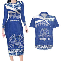 Personalised Tonga Tupou College Toloa Couples Matching Long Sleeve Bodycon Dress and Hawaiian Shirt 160 Years Anniversary Tongan Ngatu Pattern