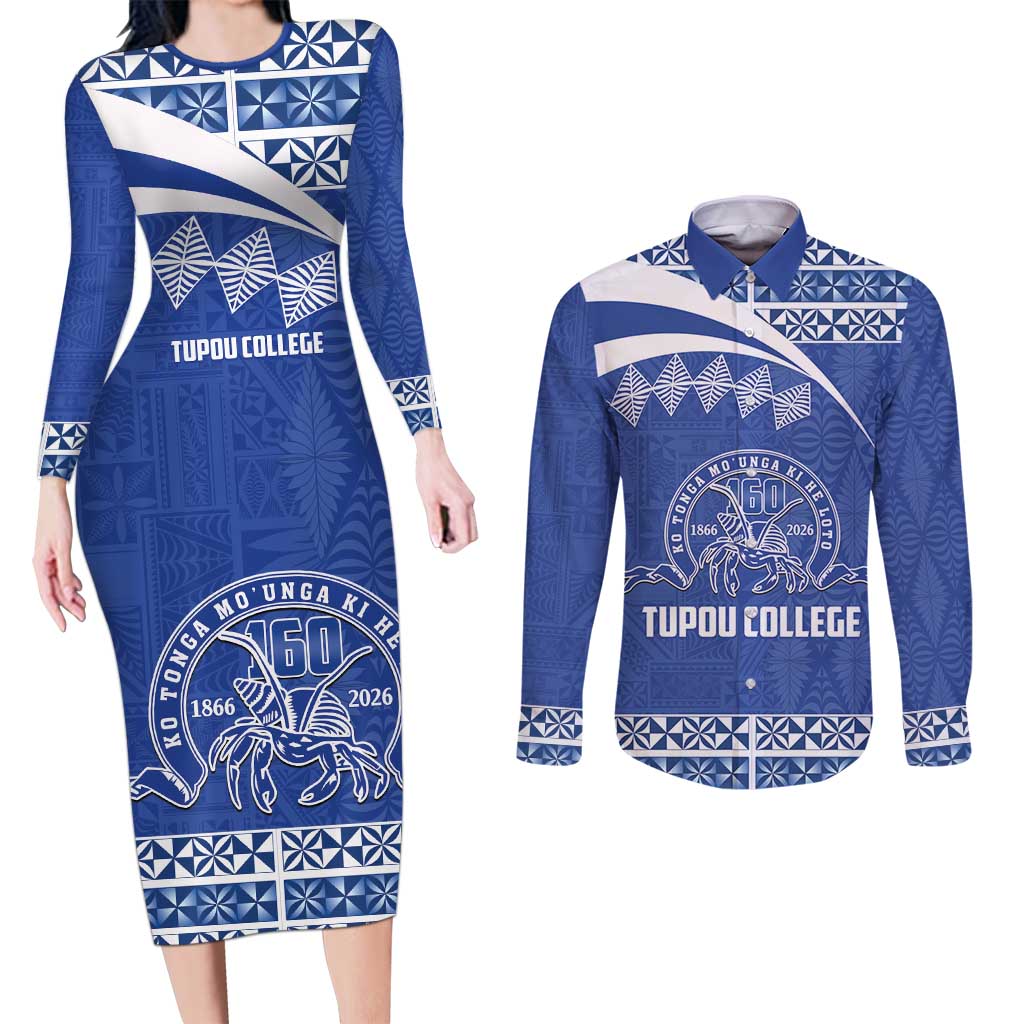 Personalised Tonga Tupou College Toloa Couples Matching Long Sleeve Bodycon Dress and Long Sleeve Button Shirt 160 Years Anniversary Tongan Ngatu Pattern LT14 Blue - Polynesian Pride
