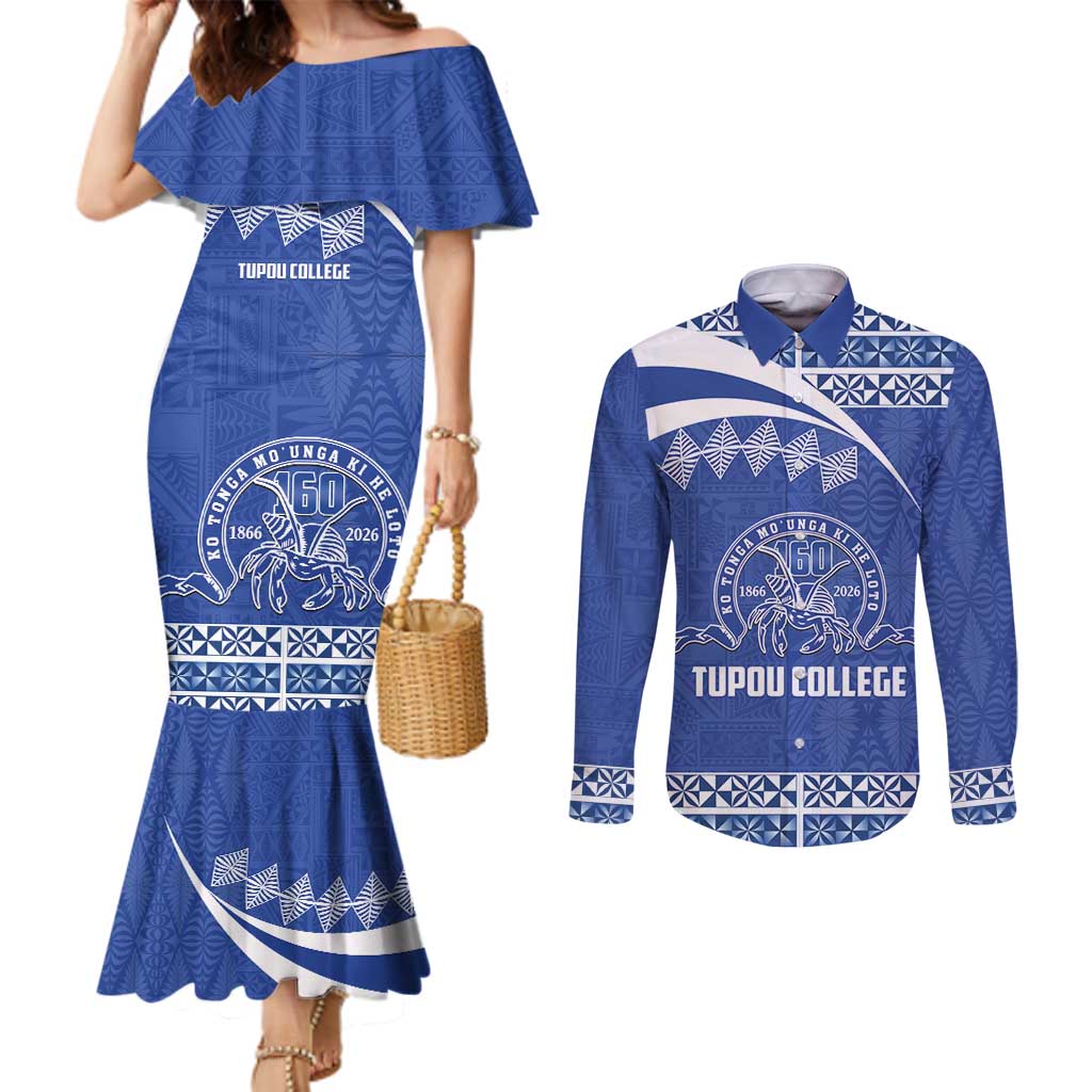 Personalised Tonga Tupou College Toloa Couples Matching Mermaid Dress and Long Sleeve Button Shirt 160 Years Anniversary Tongan Ngatu Pattern LT14 Blue - Polynesian Pride