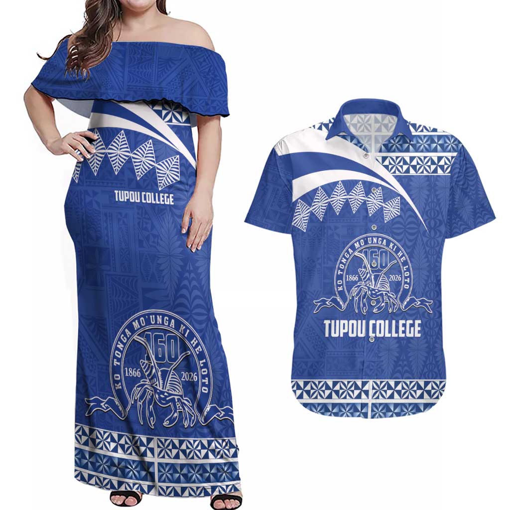 Personalised Tonga Tupou College Toloa Couples Matching Off Shoulder Maxi Dress and Hawaiian Shirt 160 Years Anniversary Tongan Ngatu Pattern LT14 Blue - Polynesian Pride