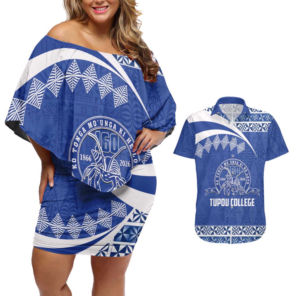 Personalised Tonga Tupou College Toloa Couples Matching Off Shoulder Short Dress and Hawaiian Shirt 160 Years Anniversary Tongan Ngatu Pattern