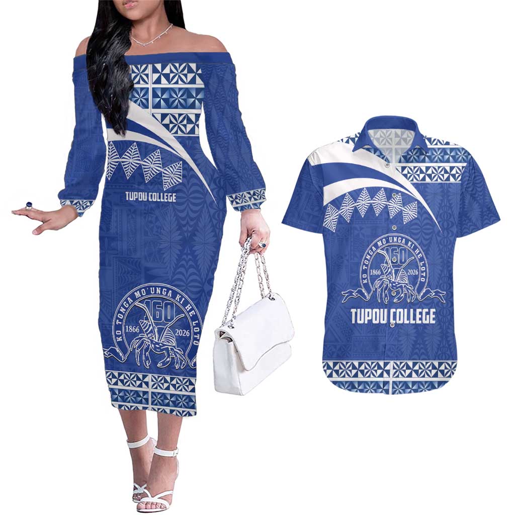 Personalised Tonga Tupou College Toloa Couples Matching Off The Shoulder Long Sleeve Dress and Hawaiian Shirt 160 Years Anniversary Tongan Ngatu Pattern LT14 Blue - Polynesian Pride