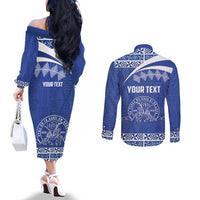 Personalised Tonga Tupou College Toloa Couples Matching Off The Shoulder Long Sleeve Dress and Long Sleeve Button Shirt 160 Years Anniversary Tongan Ngatu Pattern