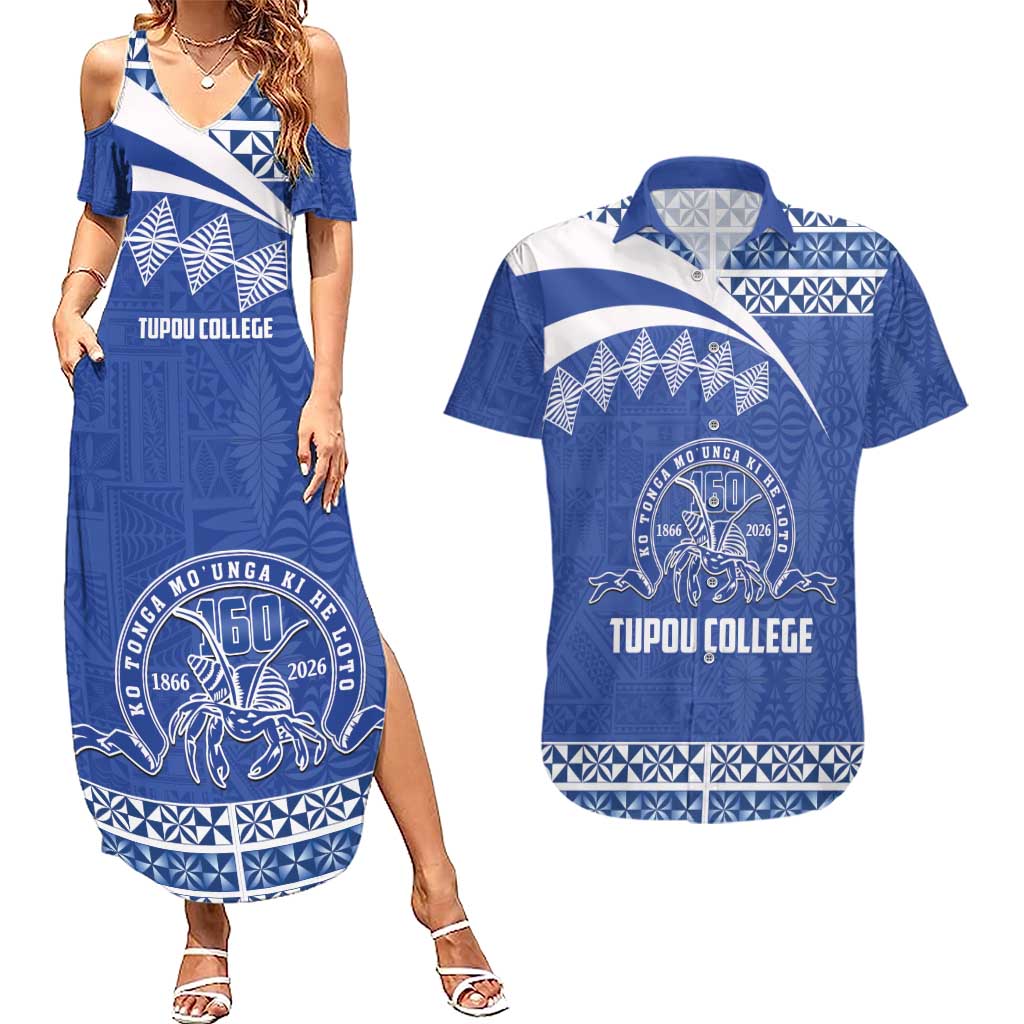 Personalised Tonga Tupou College Toloa Couples Matching Summer Maxi Dress and Hawaiian Shirt 160 Years Anniversary Tongan Ngatu Pattern LT14 Blue - Polynesian Pride