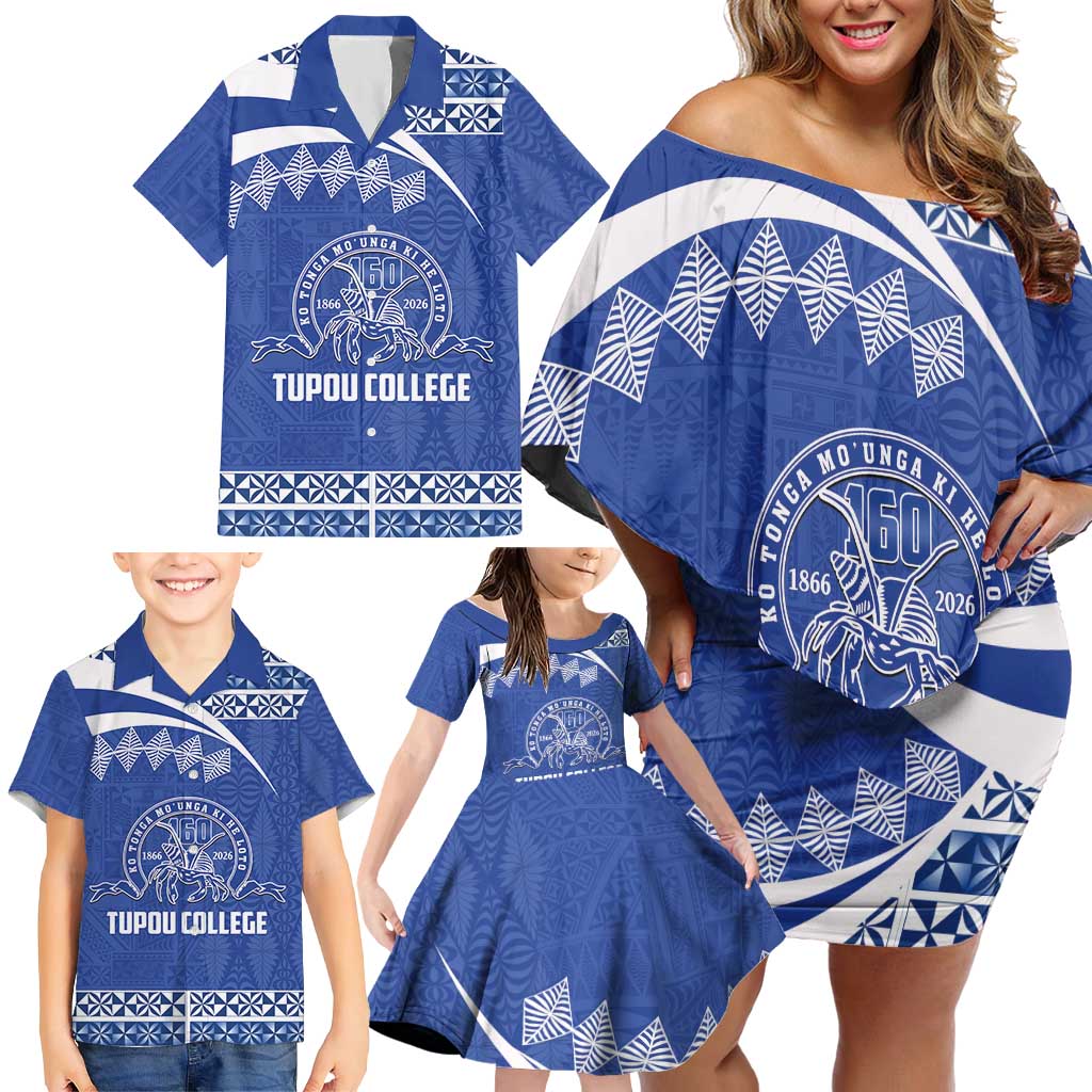 Personalised Tonga Tupou College Toloa Family Matching Off Shoulder Short Dress and Hawaiian Shirt 160 Years Anniversary Tongan Ngatu Pattern LT14 - Polynesian Pride