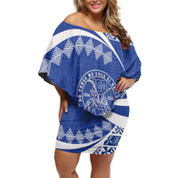 Personalised Tonga Tupou College Toloa Off Shoulder Short Dress 160 Years Anniversary Tongan Ngatu Pattern LT14 Women Blue - Polynesian Pride