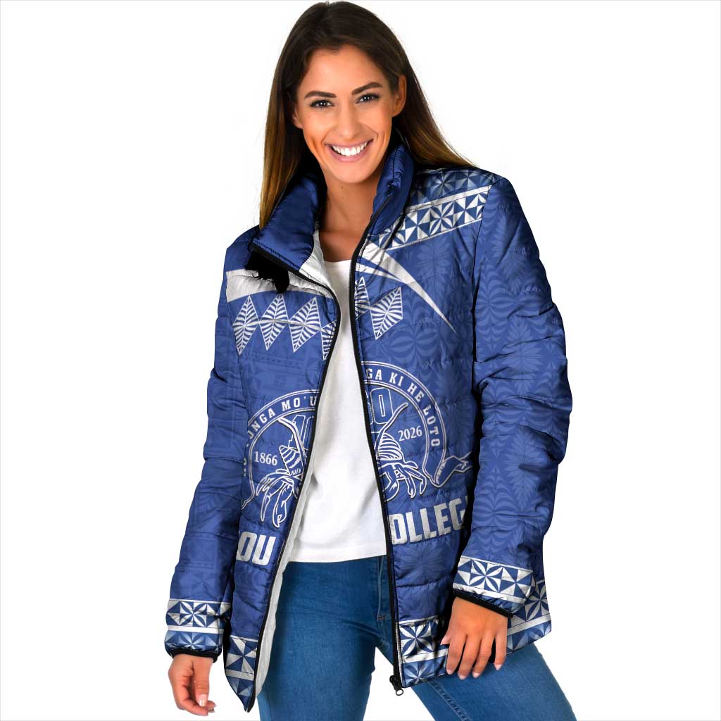 Personalised Tonga Tupou College Toloa Padded Jacket 160 Years Anniversary Tongan Ngatu Pattern LT14 Women Blue - Polynesian Pride