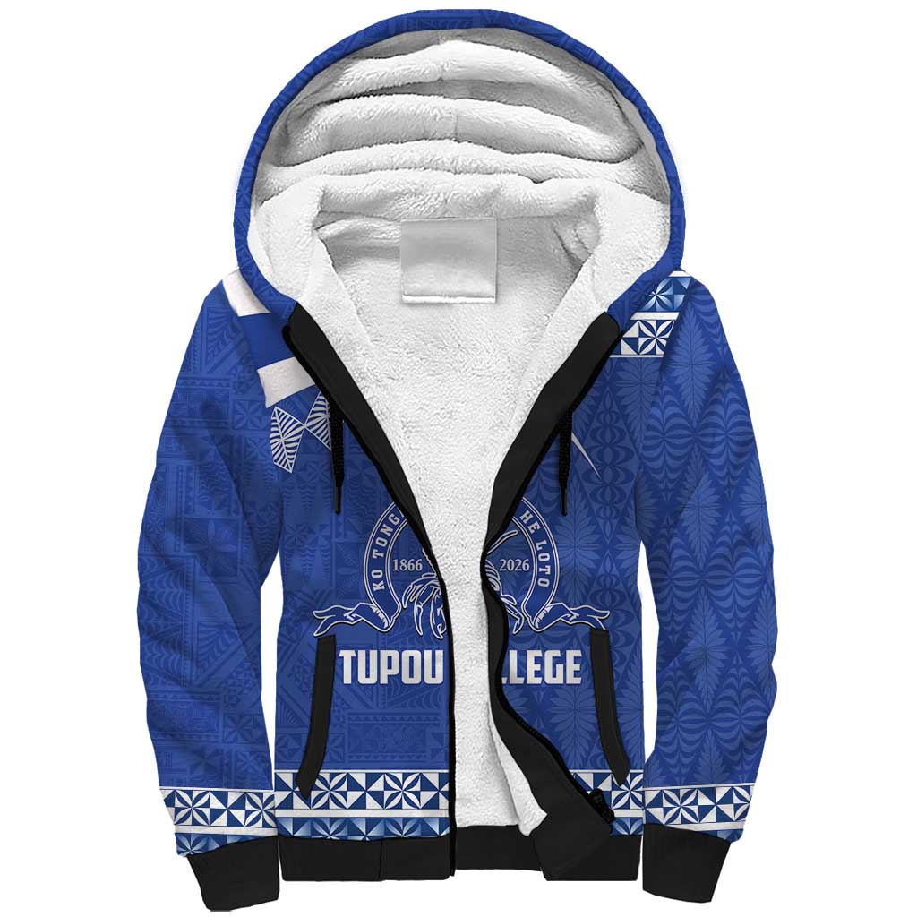 Personalised Tonga Tupou College Toloa Sherpa Hoodie 160 Years Anniversary Tongan Ngatu Pattern LT14 Unisex Blue - Polynesian Pride