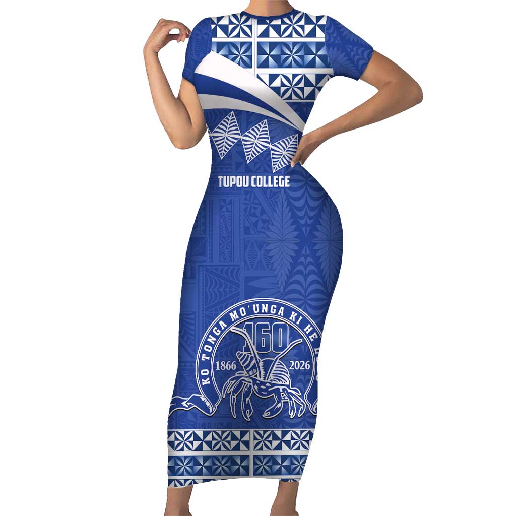 Personalised Tonga Tupou College Toloa Short Sleeve Bodycon Dress 160 Years Anniversary Tongan Ngatu Pattern LT14 Long Dress Blue - Polynesian Pride