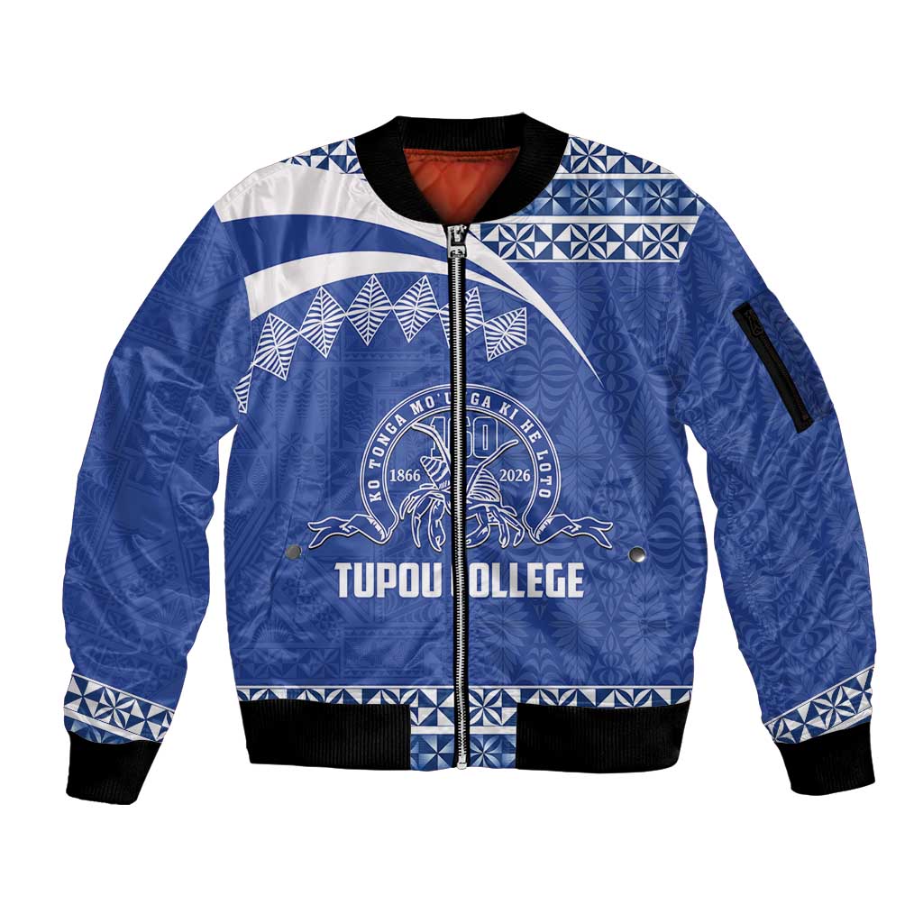 Personalised Tonga Tupou College Toloa Sleeve Zip Bomber Jacket 160 Years Anniversary Tongan Ngatu Pattern LT14 Unisex Blue - Polynesian Pride