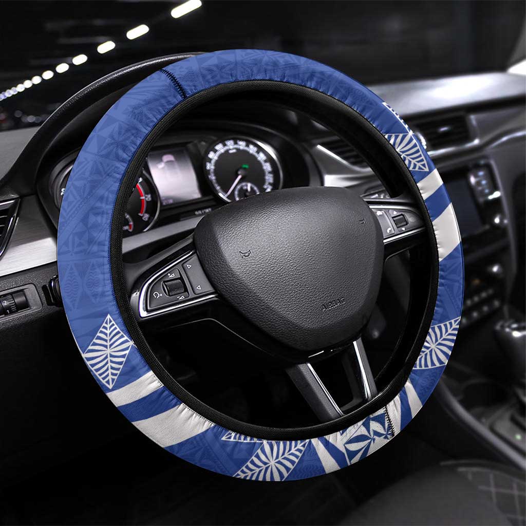 Tonga Tupou College Toloa Steering Wheel Cover 160 Years Anniversary Tongan Ngatu Pattern LT14 Universal Fit Blue - Polynesian Pride