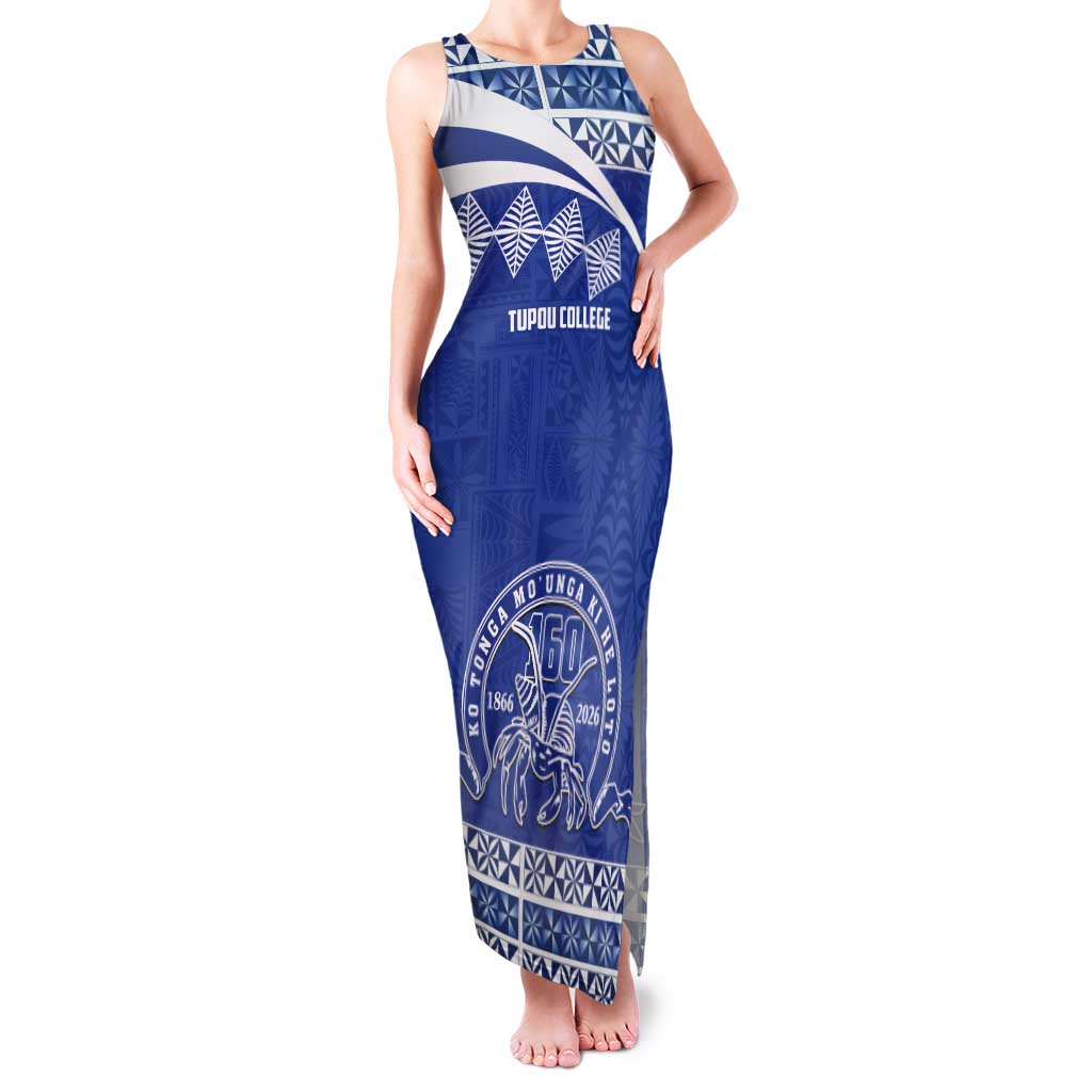 Personalised Tonga Tupou College Toloa Tank Maxi Dress 160 Years Anniversary Tongan Ngatu Pattern LT14 Women Blue - Polynesian Pride