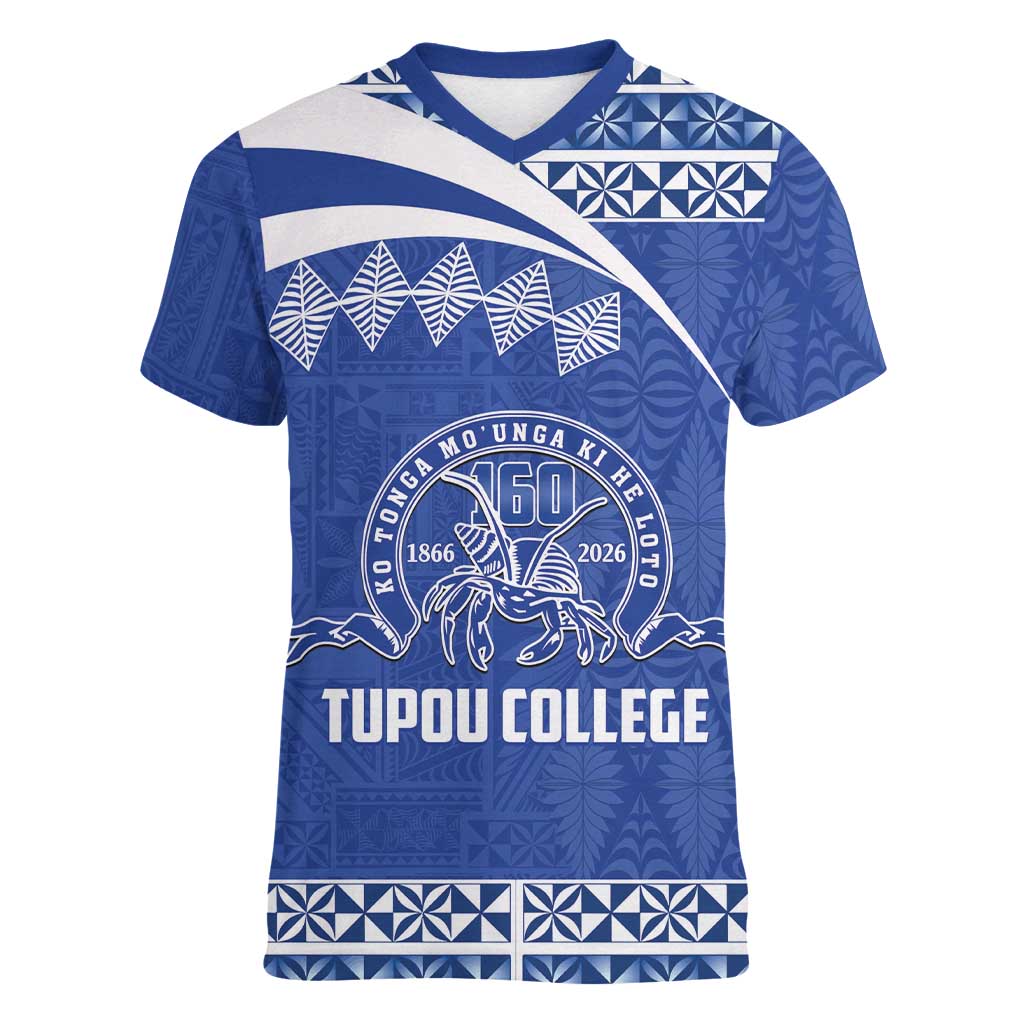 Personalised Tonga Tupou College Toloa Women V-Neck T-Shirt 160 Years Anniversary Tongan Ngatu Pattern LT14 Female Blue - Polynesian Pride