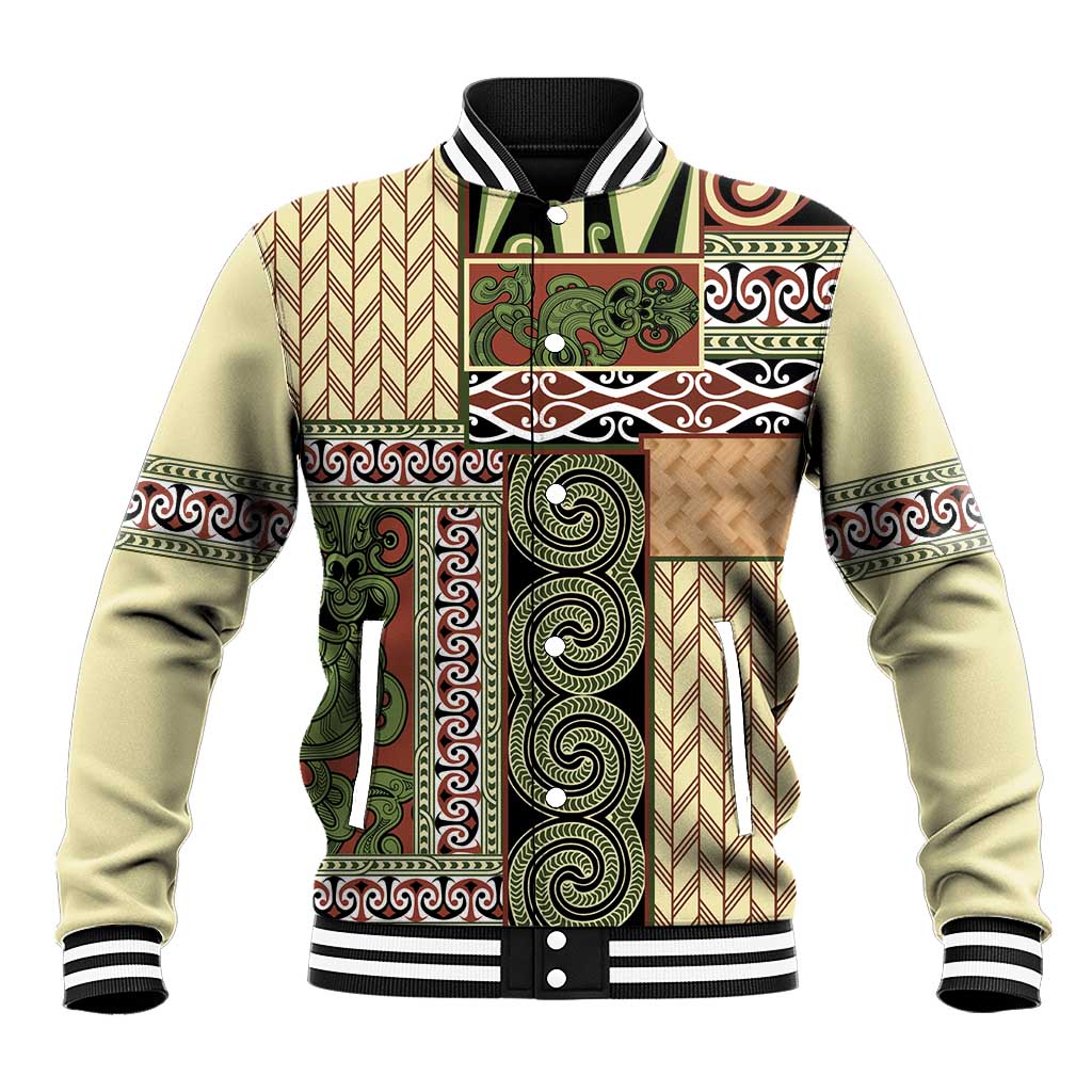 Beige Aotearoa Kowhaiwhai Pattern Baseball Jacket NZ Maori Quilt Style