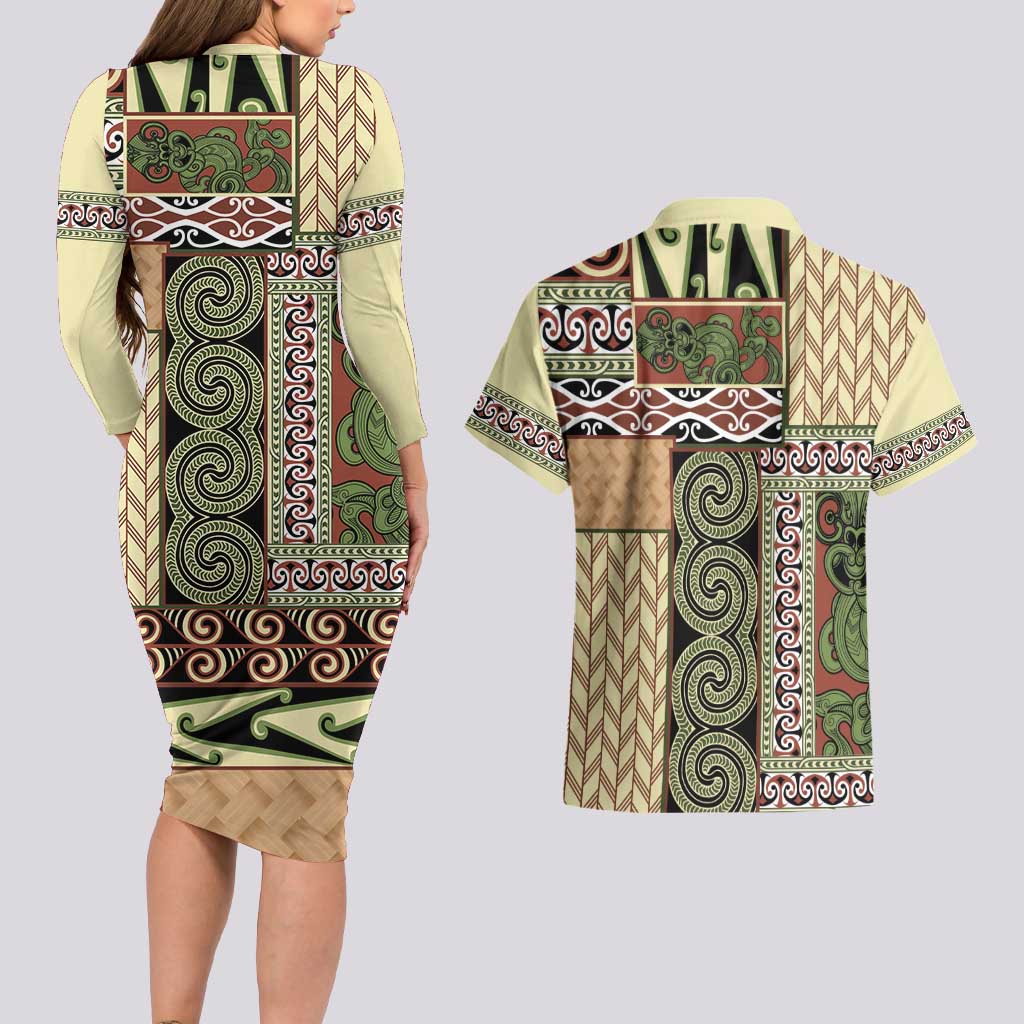 Beige Aotearoa Kowhaiwhai Pattern Couples Matching Long Sleeve Bodycon Dress and Hawaiian Shirt NZ Maori Quilt Style