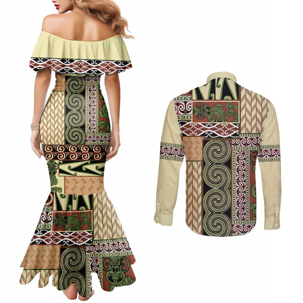 Beige Aotearoa Kowhaiwhai Pattern Couples Matching Mermaid Dress and Long Sleeve Button Shirt NZ Maori Quilt Style