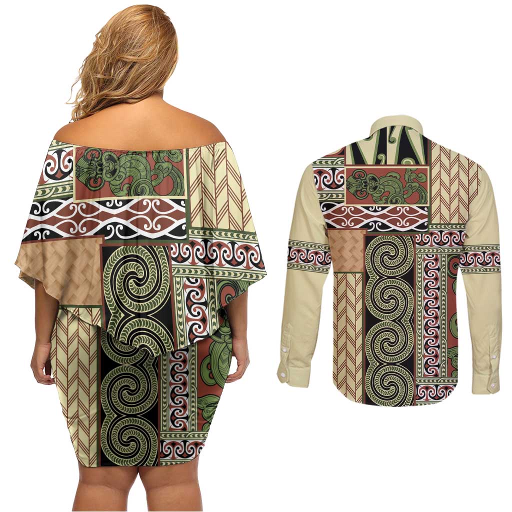 Beige Aotearoa Kowhaiwhai Pattern Couples Matching Off Shoulder Short Dress and Long Sleeve Button Shirt NZ Maori Quilt Style