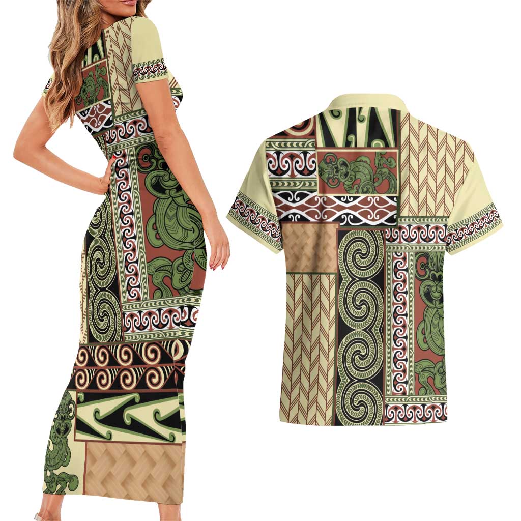 Beige Aotearoa Kowhaiwhai Pattern Couples Matching Short Sleeve Bodycon Dress and Hawaiian Shirt NZ Maori Quilt Style