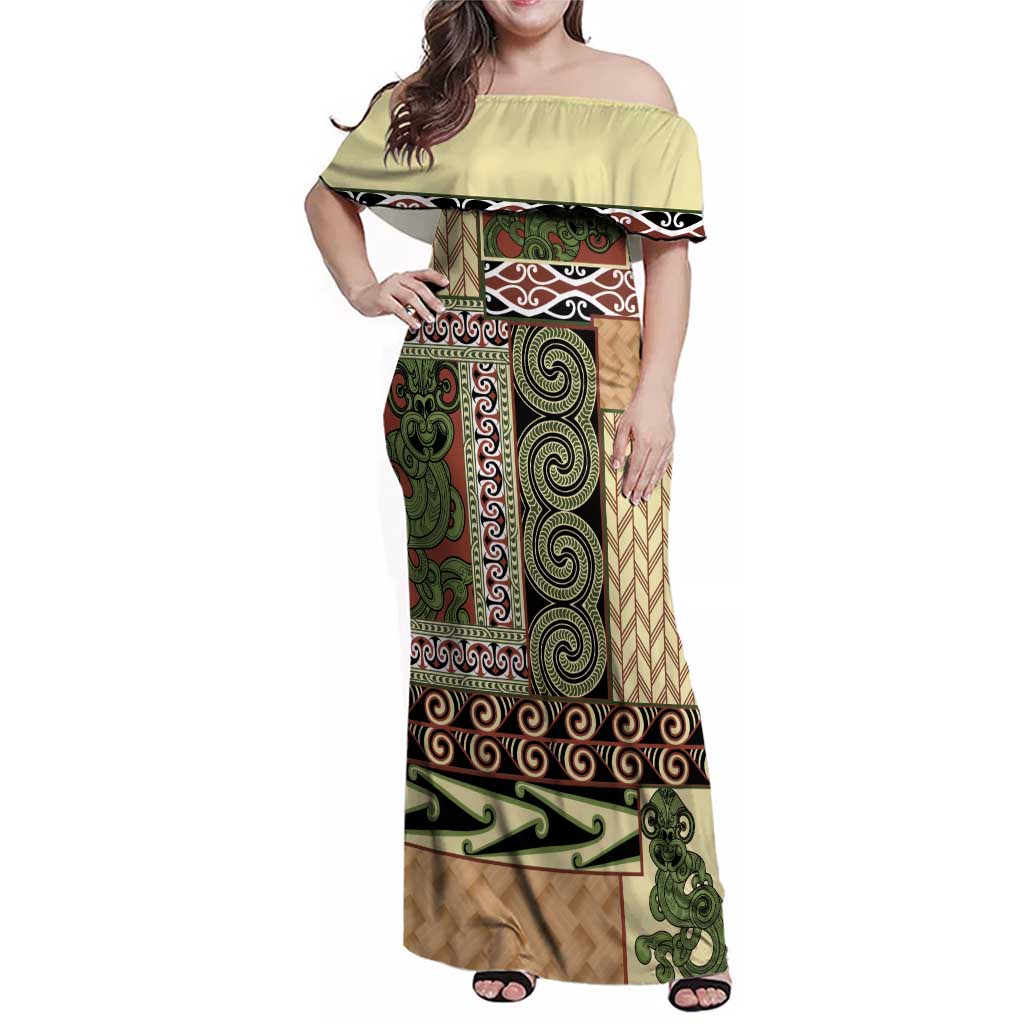 Beige Aotearoa Kowhaiwhai Pattern Family Matching Off Shoulder Maxi Dress and Hawaiian Shirt NZ Maori Quilt Style