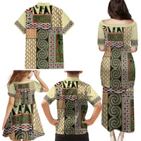 Beige Aotearoa Kowhaiwhai Pattern Family Matching Puletasi and Hawaiian Shirt NZ Maori Quilt Style