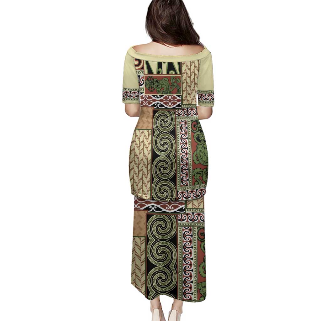 Beige Aotearoa Kowhaiwhai Pattern Family Matching Puletasi and Hawaiian Shirt NZ Maori Quilt Style