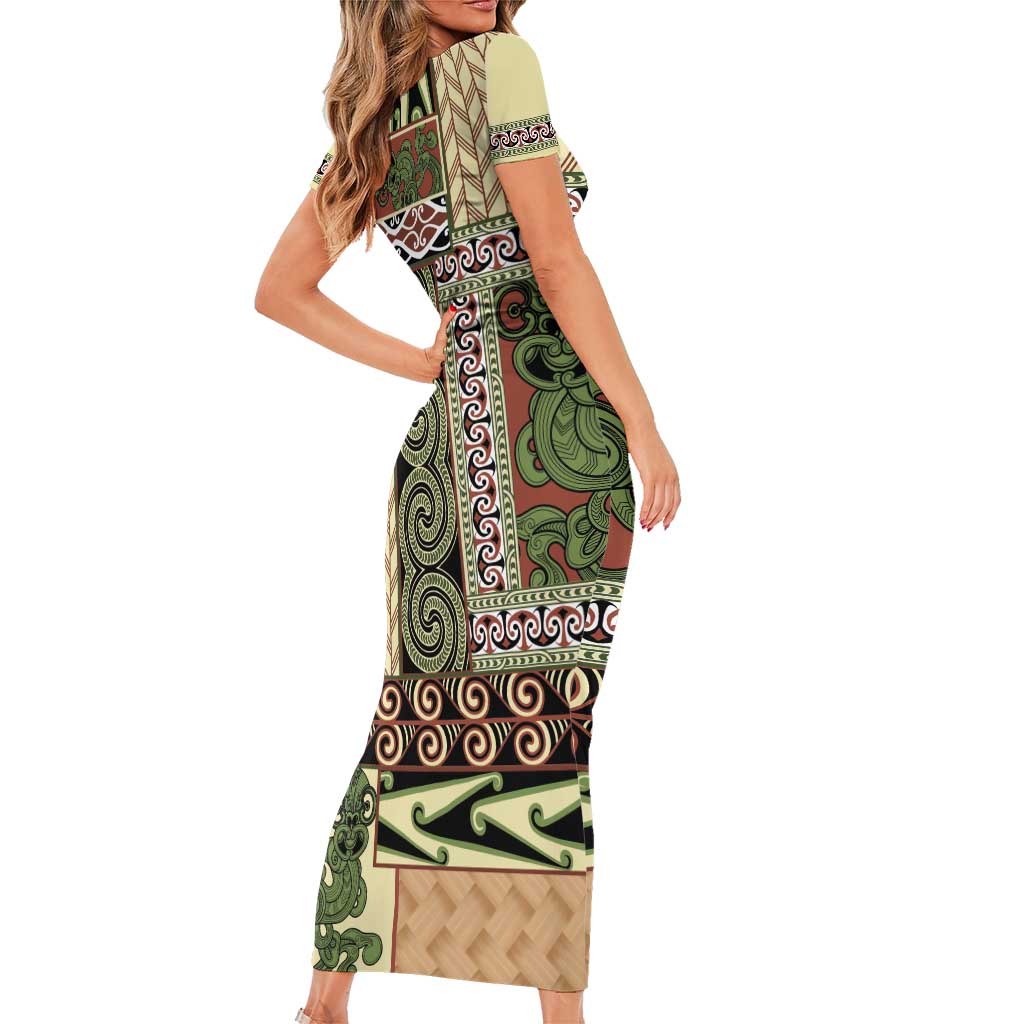 Beige Aotearoa Kowhaiwhai Pattern Family Matching Short Sleeve Bodycon Dress and Hawaiian Shirt NZ Maori Quilt Style