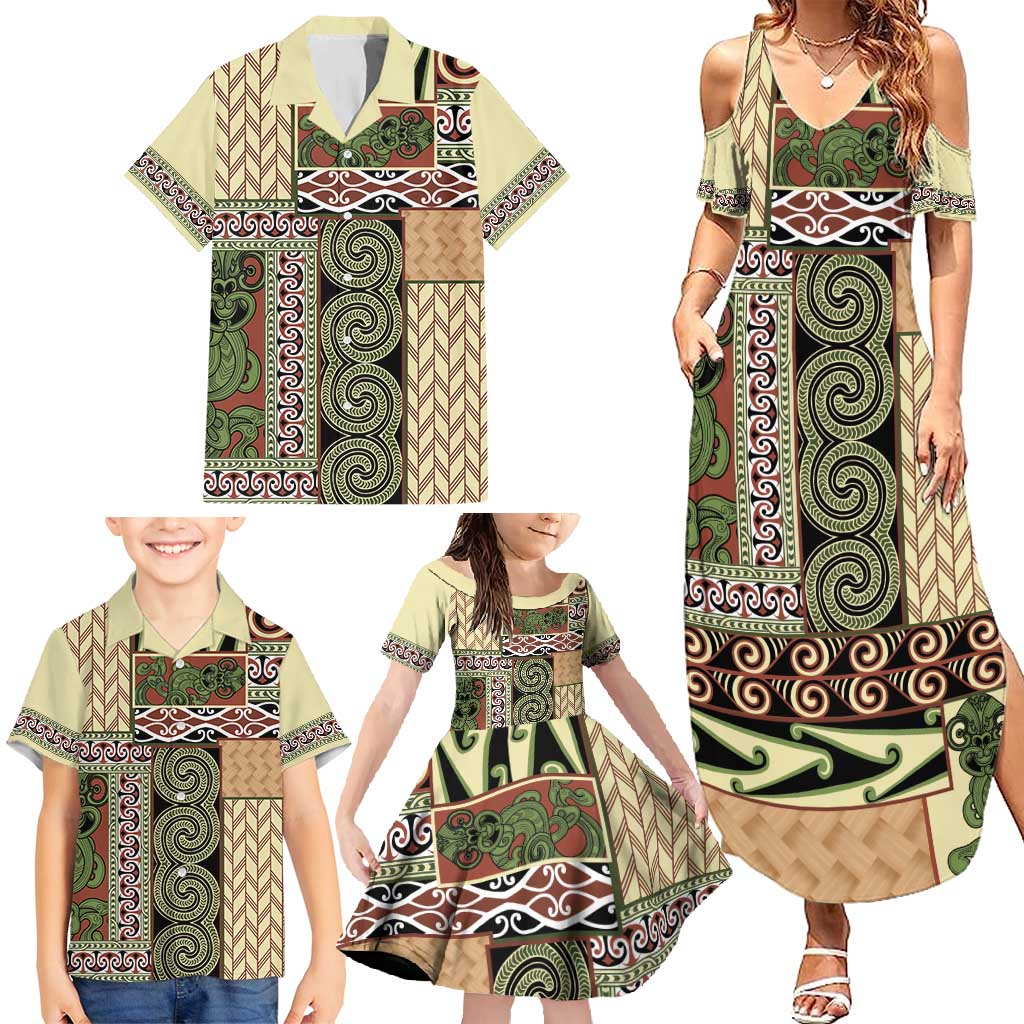 Beige Aotearoa Kowhaiwhai Pattern Family Matching Summer Maxi Dress and Hawaiian Shirt NZ Maori Quilt Style