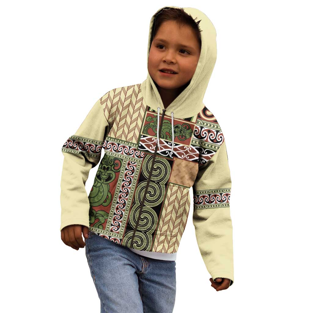 Beige Aotearoa Kowhaiwhai Pattern Kid Hoodie NZ Maori Quilt Style