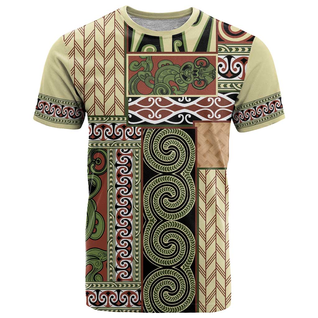 Beige Aotearoa Kowhaiwhai Pattern T Shirt NZ Maori Quilt Style