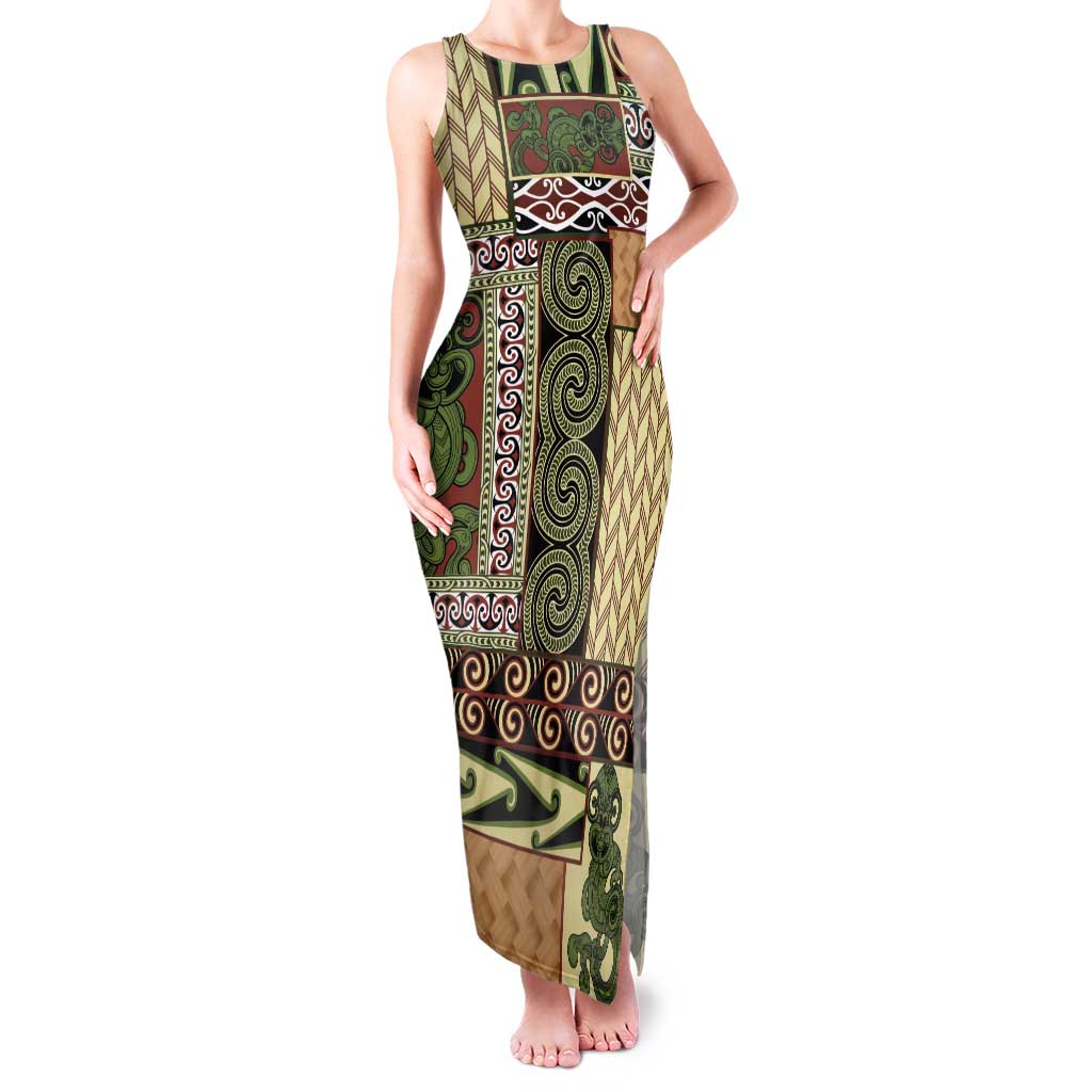 Beige Aotearoa Kowhaiwhai Pattern Tank Maxi Dress NZ Maori Quilt Style