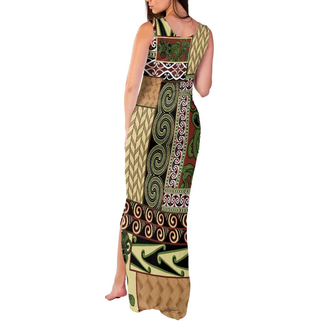 Beige Aotearoa Kowhaiwhai Pattern Tank Maxi Dress NZ Maori Quilt Style