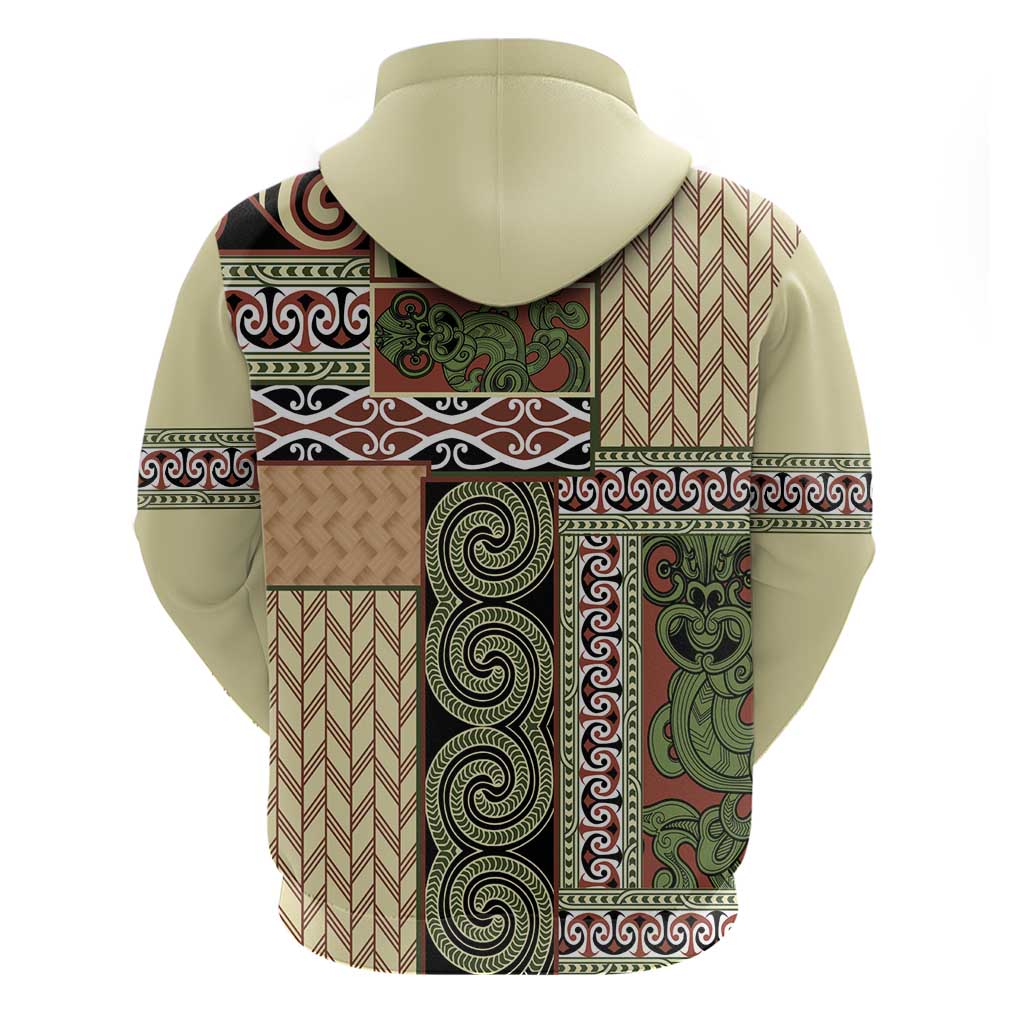 Beige Aotearoa Kowhaiwhai Pattern Zip Hoodie NZ Maori Quilt Style