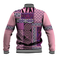 Pink Aotearoa Kowhaiwhai Pattern Baseball Jacket NZ Maori Quilt Style