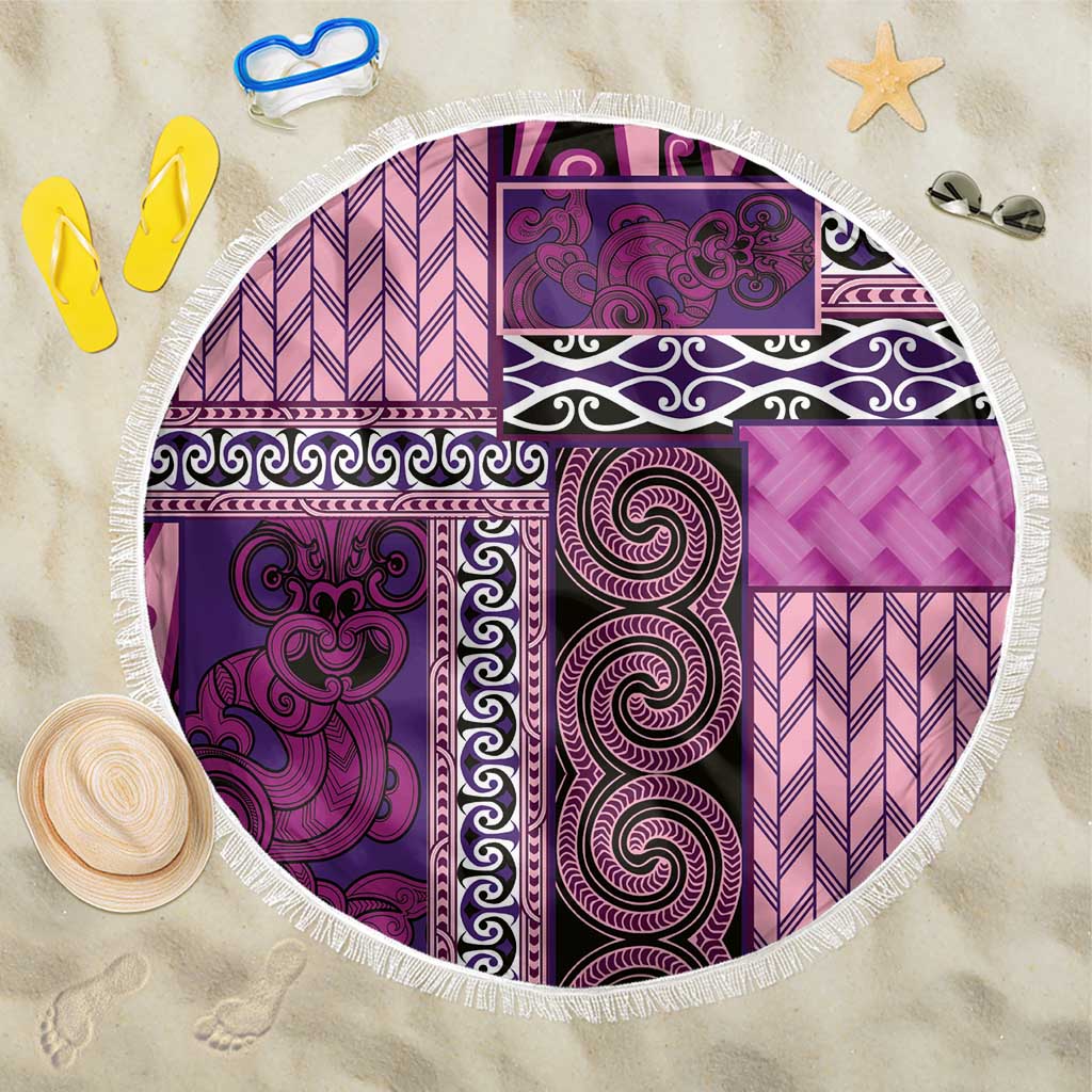 Pink Aotearoa Kowhaiwhai Pattern Beach Blanket NZ Maori Quilt Style