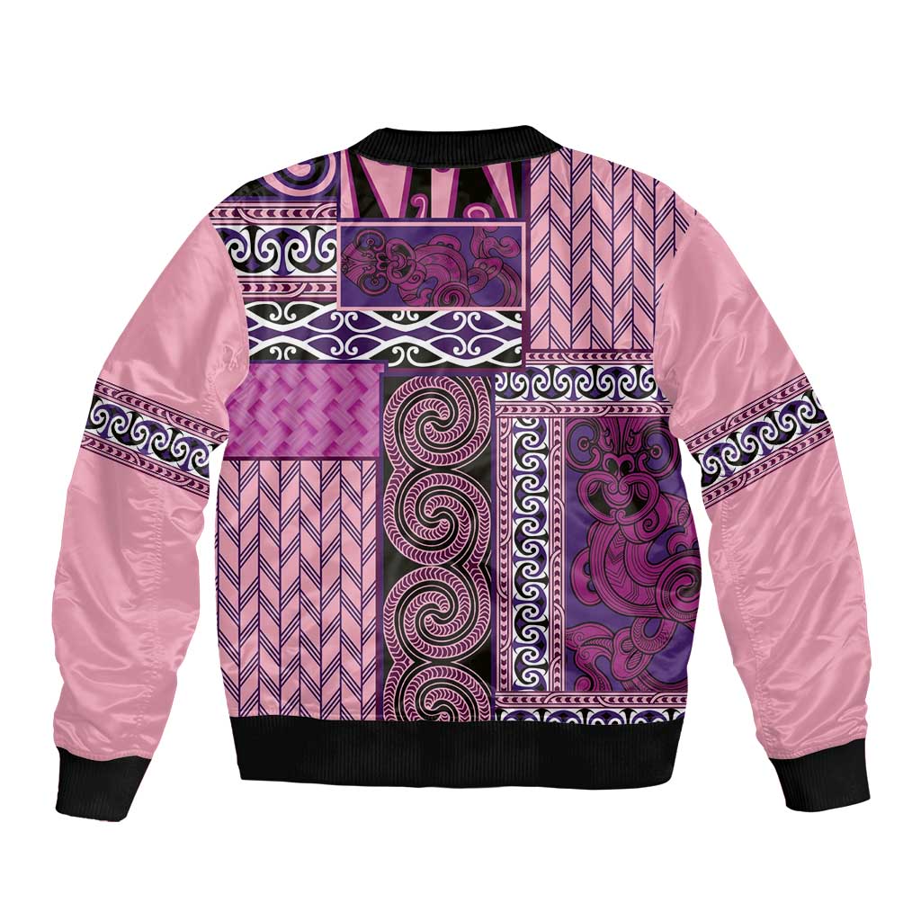 Pink Aotearoa Kowhaiwhai Pattern Bomber Jacket NZ Maori Quilt Style