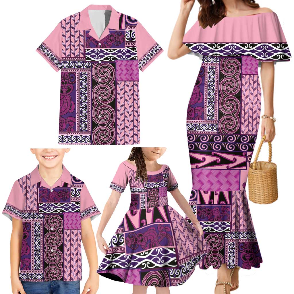 Pink Aotearoa Kowhaiwhai Pattern Family Matching Mermaid Dress and Hawaiian Shirt NZ Maori Quilt Style