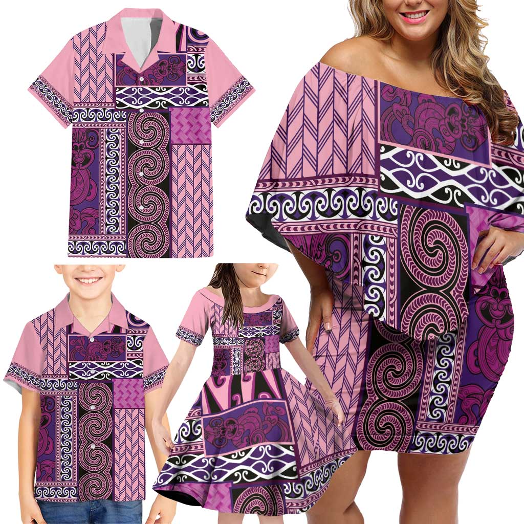 Pink Aotearoa Kowhaiwhai Pattern Family Matching Off Shoulder Short Dress and Hawaiian Shirt NZ Maori Quilt Style